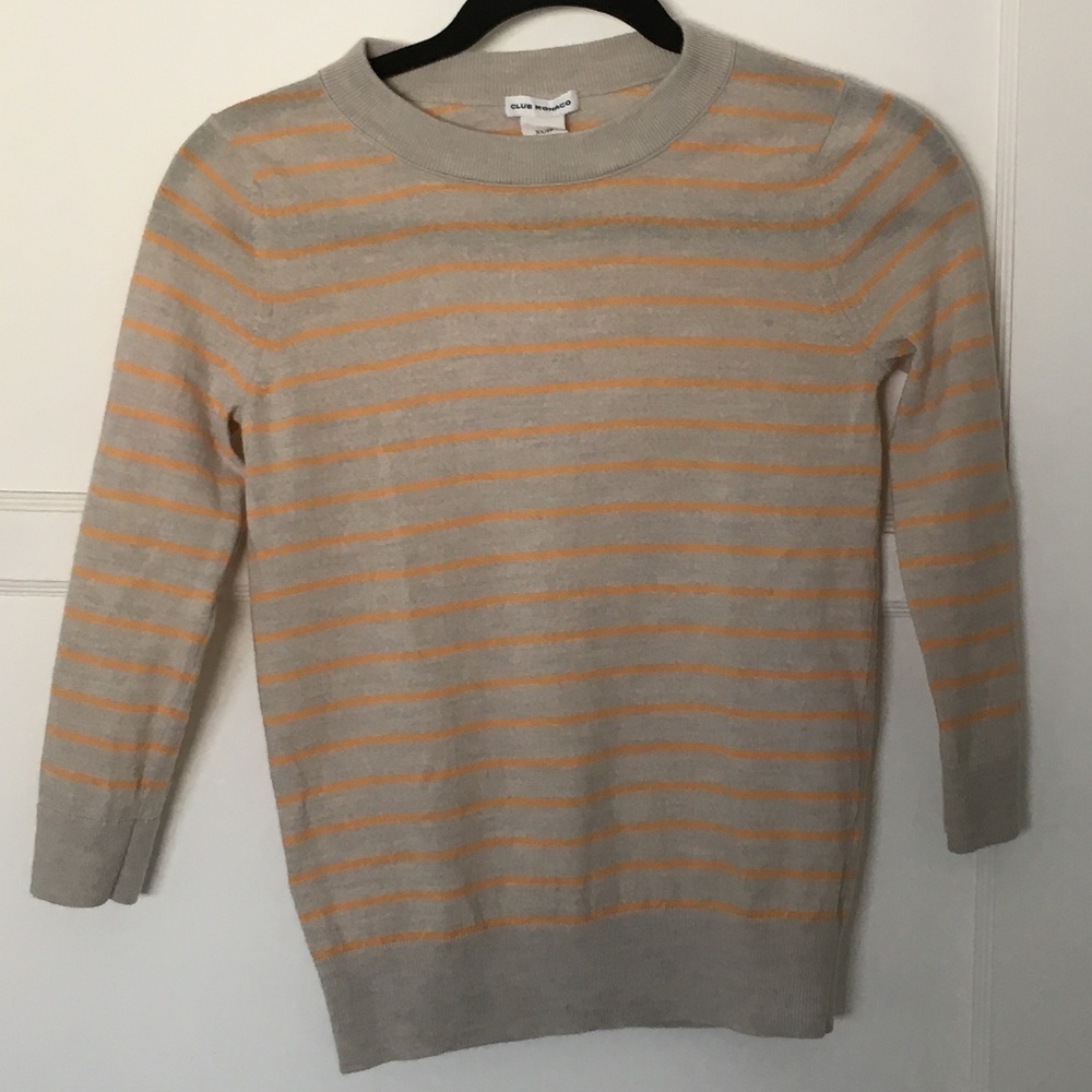 Club Monaco Striped Grey 3/4 Sleeve Wool Sweater